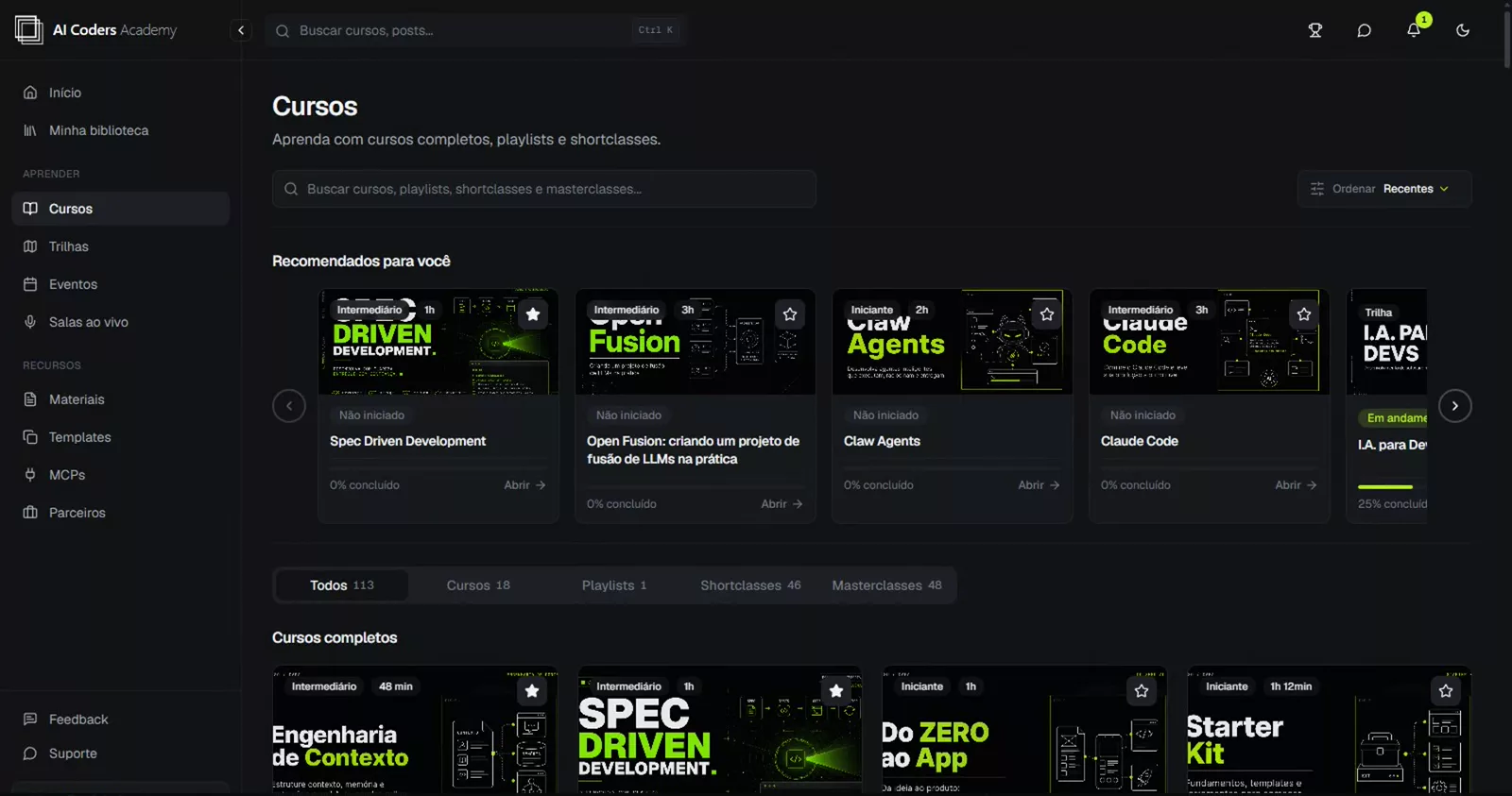 Tela de cursos da plataforma AI Coders Pro, com recomendados e cursos completos